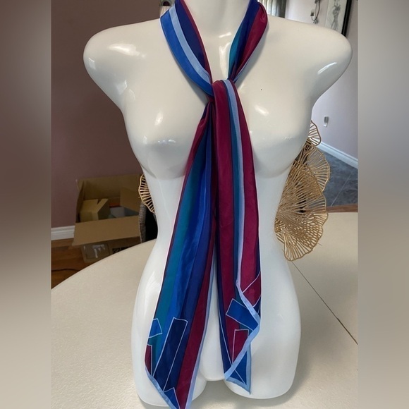 Vintage blue scarf long Monique Martin 80s scarf stripes blue green navy - Picture 5 of 7